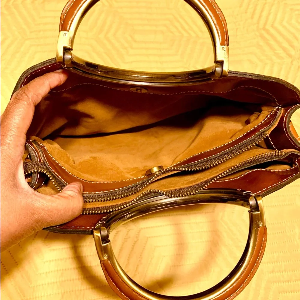 Patricia Nash Saddle Brown Leather Satchel with Gold Ring Handles